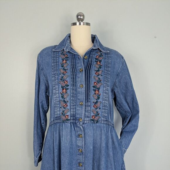 Vintage Talbots Denim Shirt Dress 90s Embroidered Modest Blue Jean Grunge 16P - Picture 5 of 16